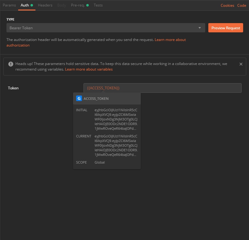 Example of an access token in the Postman window
